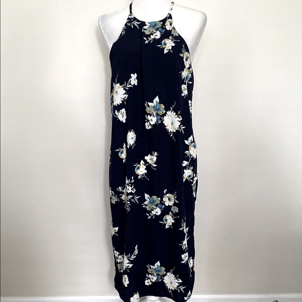 Soprano navy blue Floral Halter Neck midi Dress